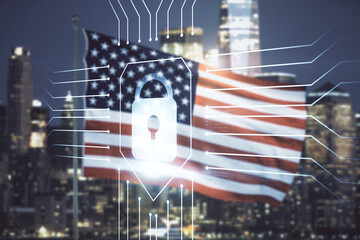 Double exposure of virtual creative lock hologram with chip on USA flag and blurry cityscape background. Information security concept