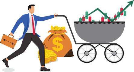 Rising prices, inflation concept, isometric businessman pushing shopping station with rising arrow next to stack of gold coins