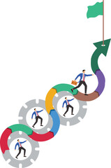 Three small businessmen keep running in the gears to drive the big businessman to run upwards, the interests of the small businessman drive the interests of the big businessman