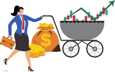 Rising prices, inflation concept, businesswoman pushing shopping station with rising arrow next to stack of gold coins
