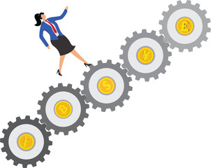 Global monetary policy and currency trading, concept illustration of financial money, businesswoman keeps running on the gears of currency symbols