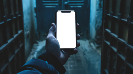 A hand holding an Smartphone with transparent screen, blurred background, closeup shot of the phone.