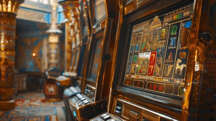 Slot Machine Themes: A photo of a slot machine featuring a historical theme with images of ancient civilizations - obrazy, fototapety, plakaty