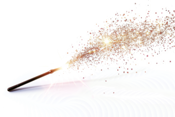 Magical wand creating sparkling spells on white background