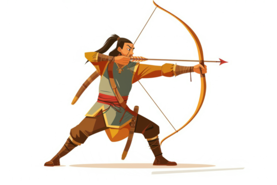 Mongol Archer: A skilled Mongol archer, poised with bow and arrow, ready for action against a white background.