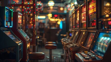 Slot Machine Vintage: A photo showcasing a row of vintage slot machines in a retro casino setting - obrazy, fototapety, plakaty