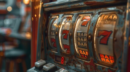 Slot Machine Vintage: A photo of a vintage slot machine's coin return, with retro typography and design - obrazy, fototapety, plakaty