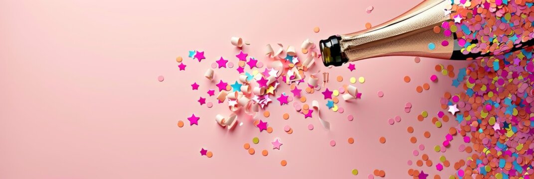 Champagne bottle with glittering confetti stars. A celebratory cava bottle surrounded by ribbons, and baubles on a color background, depicting festivity and luxury. Great design for postcard, banners