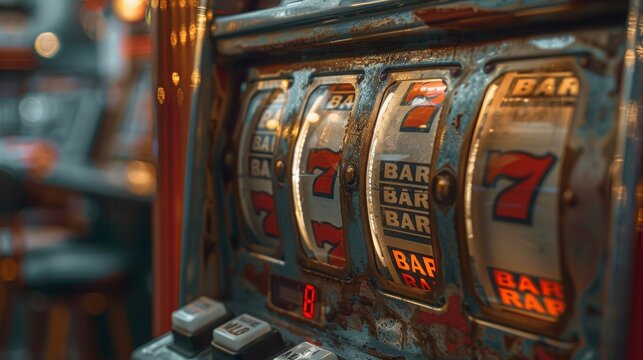 Slot Machine Vintage: A photo of a vintage slot machine's coin return, with retro typography and design