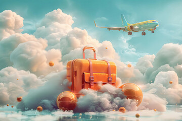 Colorful travel gear, airplane in whimsical cloud setting,