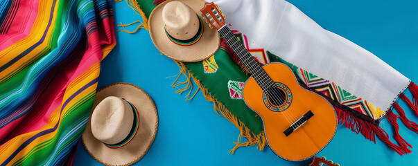 Fiesta Flair: Traditional Guitars and Sombreros with Colorful Serape