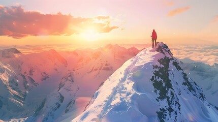 Adult adventurous woman standing on top of a snow peak. Winter Wonderland. 3d rendering mountain adventure artwork. Aerial landscape