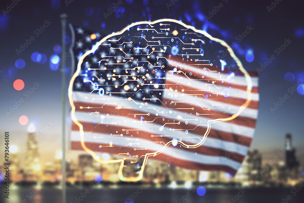 Poster virtual creative artificial intelligence hologram with human brain sketch on us flag and skyline bac