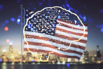 Virtual creative artificial Intelligence hologram with human brain sketch on US flag and skyline...