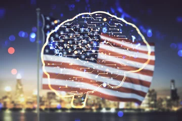 Foto op Canvas Virtual creative artificial Intelligence hologram with human brain sketch on US flag and skyline background. Double exposure © Pixels Hunter