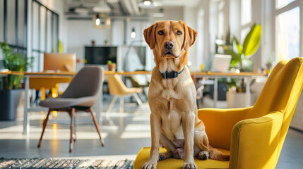 Friendly dog at the office, boosts morale, minimalist office setting, clean design,