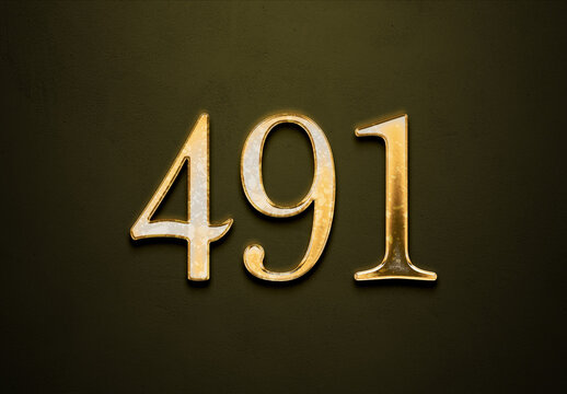 Old gold effect of 491 number with 3D glossy style Mockup.	