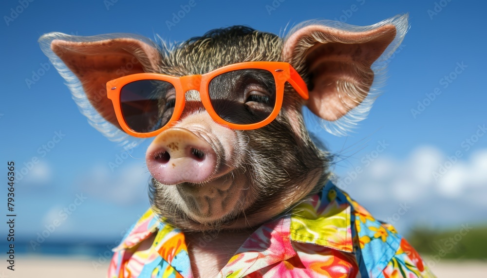 Wall mural Trendsetting pig showcasing a vibrant hawaiian shirt and stylish orange sunglasses