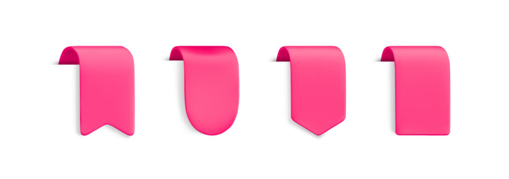 Vector Realistic 3d Pink Bookmarks set. Vintage design element, cute decorative ribbons sticker with shadow on white background. Cartoon 3d vertical ribbon tag for sale banner, price, label, app, game