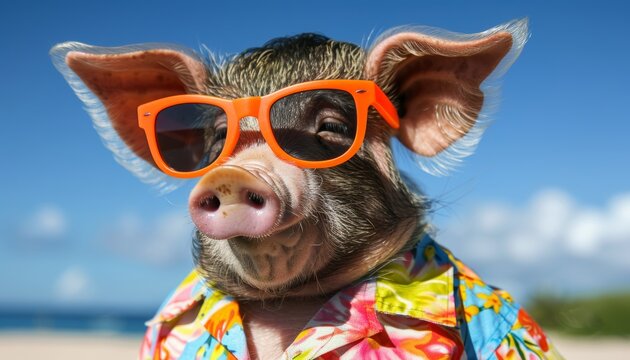 Trendsetting pig showcasing a vibrant hawaiian shirt and stylish orange sunglasses