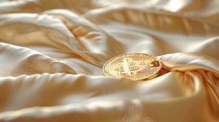 riches with a golden coin lying on a bed of shimmering silk, the fabric delicately reflecting its brilliance, presented in full ultra HD against a neutral background.