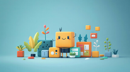 Minimalist cartoon character with coding blocks, clean and simple backdrop. - obrazy, fototapety, plakaty