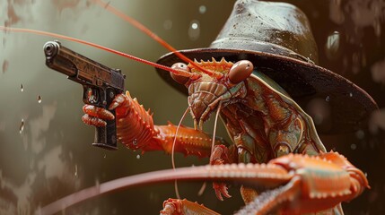 lobster in a stylish hat brandishes a firearm confidently, Ai Generated