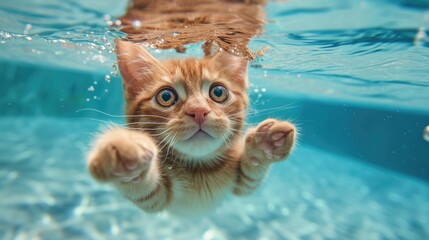 Hilarious underwater scene cat in pool plays deep dive action, Ai Generated. - obrazy, fototapety, plakaty