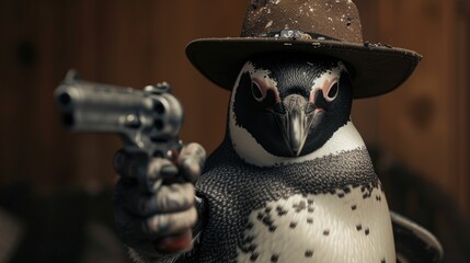 penguin in a stylish hat brandishes a firearm confidently, Ai Generated - obrazy, fototapety, plakaty