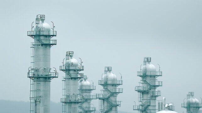 A row of tall white industrial towers with a gray sky in the background. Concept of industrialization and the power of technology