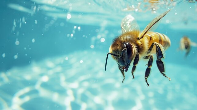 Hilarious underwater scene bee in pool plays deep dive action, Ai Generated.