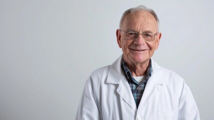 Obraz premium An older male engineer in a lab coat, giving a gentle smile, standing upright, evoking wisdom and experience, against a simple white background, styled as a traditional professional portrait.