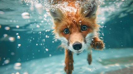 Hilarious underwater scene fox in pool plays deep dive action, Ai Generated. - obrazy, fototapety, plakaty
