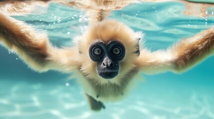 Hilarious underwater scene gibbon in pool plays deep dive action, Ai Generated.