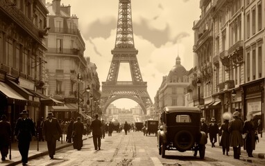 1920s Parisian Street Bustle with Distant Eiffel Tower in Sepia - Historical French Streets, Retro Urban Photography, Cultural Exploration - Art History, Tourism