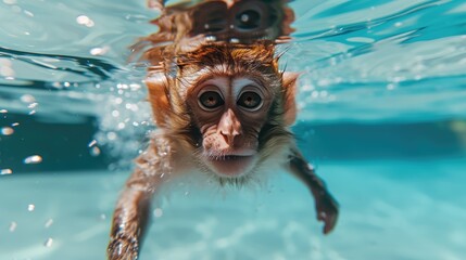 Hilarious underwater scene monkey in pool plays deep dive action, Ai Generated.