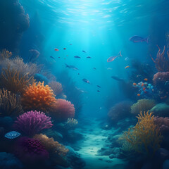 a dreamlike underwater world teeming with iridescent sea creatures and coral reefs