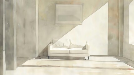 Illustrate a minimalist room in a traditional medium with an eye-level viewpoint, emphasizing the interplay of light and shadow on the sparse, yet carefully chosen furnishings Employ watercolors to cr