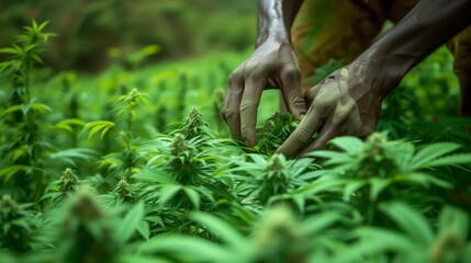 Cannabis Harvest Season : Workers gather ripe cannabis buds during the harvest season, their hands deftly navigating through the lush foliage in a ritual of abundance and gratitude.