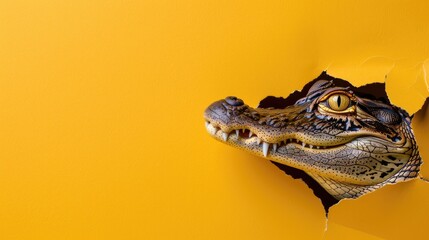 A humorous alligator peers through a ripped hole in a contrast pastel color paper background, Ai Generated - obrazy, fototapety, plakaty