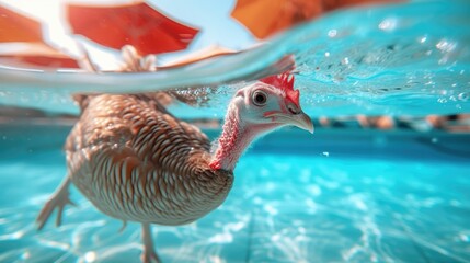 Hilarious underwater scene turkey in pool plays deep dive action, Ai Generated.