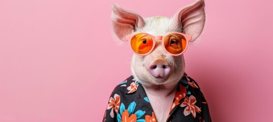 Fashionable pig in vibrant attire with orange sunglasses and colorful hawaiian shirt - obrazy, fototapety, plakaty