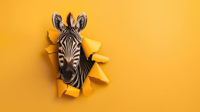 Amusing zebra peers through ripped hole against vibrant paper backdrop. Ai Generated.
