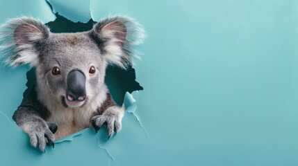 Fototapeta premium A humorous koala peers through a ripped hole in a contrast pastel color paper background, Ai Generated