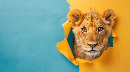 A humorous lion peers through a ripped hole in a contrast pastel color paper background, Ai...
