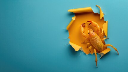 A humorous scorpion peers through a ripped hole in a contrast pastel color paper background, Ai...