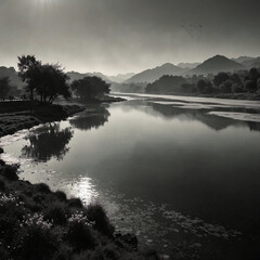 Fototapeta premium Serene River Landscape with Misty Mountains in Black and White