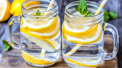 Refreshing Detox Water with Lemon and Mint in Mason Jars on Wooden Table - obrazy, fototapety, plakaty