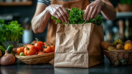 Senior Woman Preparing Healthy Meal, Unpacking Fresh Produce From Grocery Bag