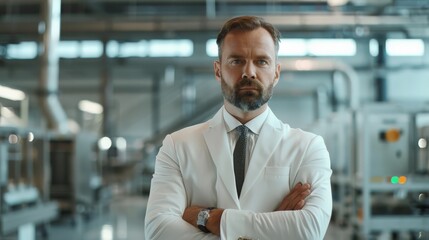 An operations manager in formal attire, overseeing a production facility through digital screens, looking commanding and proficient, against a clear background, styled as an industrial corporate
